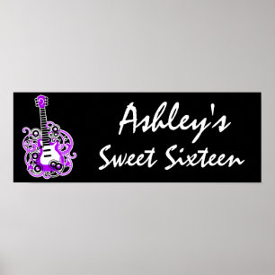 Purple Guitar Rock Star Sweet 16 Banner Poster