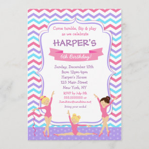 Purple Gymnastics Gym Birthday Invitations