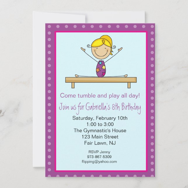 Purple Gymnastics Stick Figure Birthday Invitation (Front)