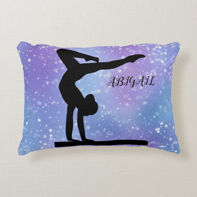 PURPLE GYMNASTICS THROW PILLOW PERSONALIZED. (Front)