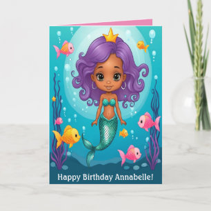 Purple Hair Black Mermaid Birthday Personalise Card