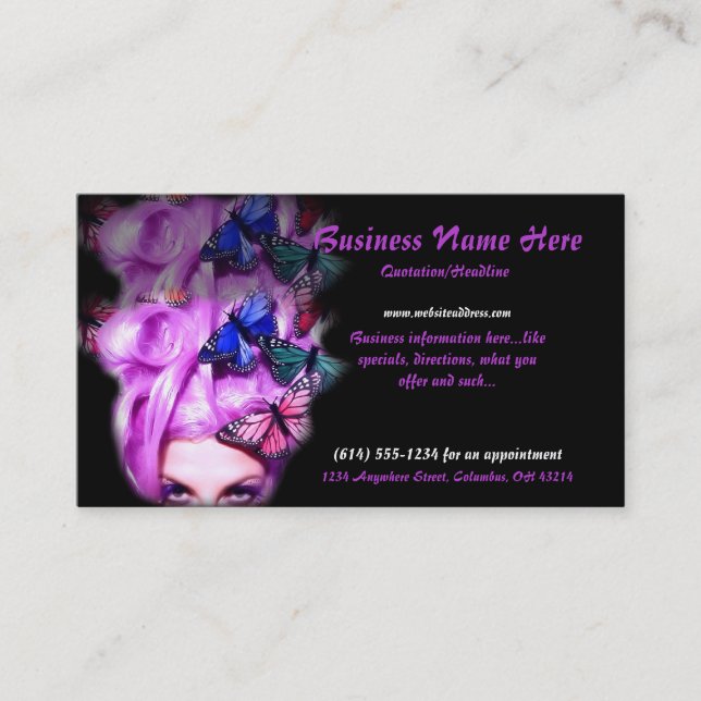 Purple Hair Butterfly Lady Business Cards (Front)