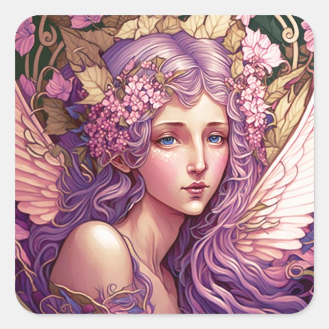 Purple Hair Fairy Angel Fantasy Art Square Sticker (Front)
