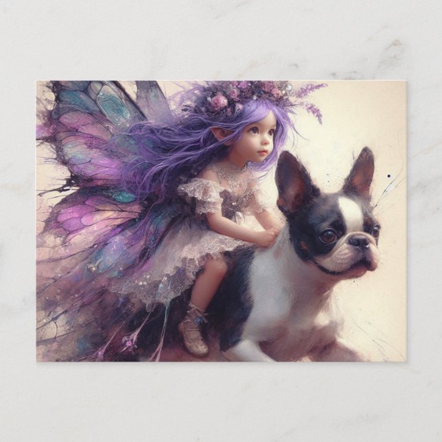 Purple Hair Fairy Riding a Boston Terrier Fantasy Postcard (Front)