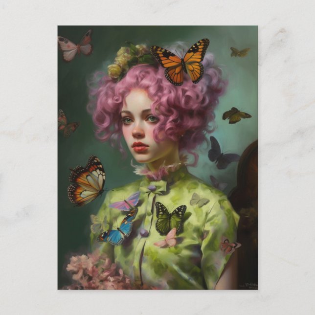 Purple Hair Green Shirt Ivy and Butterfly Woman Postcard (Front)