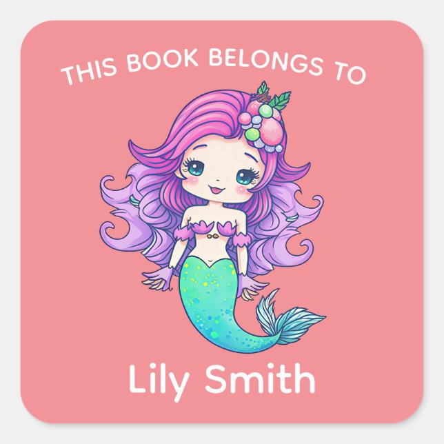 Purple Hair Mermaid and Kids Name book label (Front)
