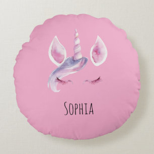 Purple Hair Pink Unicorn Birthday Round Cushion