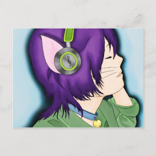 Purple Haired Cat Girl With Headphones Postcard