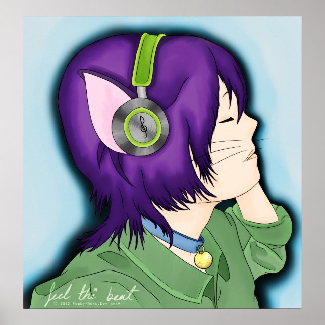 Purple Haired Cat Girl With Headphones Poster (Front)