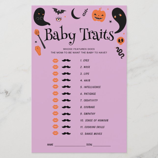 Purple Halloween Baby Shower baby Traits Game (Front)