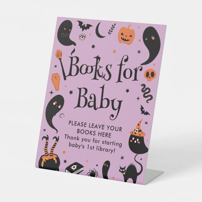 Purple Halloween Baby Shower Books for Baby Pedestal Sign (Front)