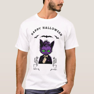 Purple Halloween Cat with Bats and Skeletons T-Shirt
