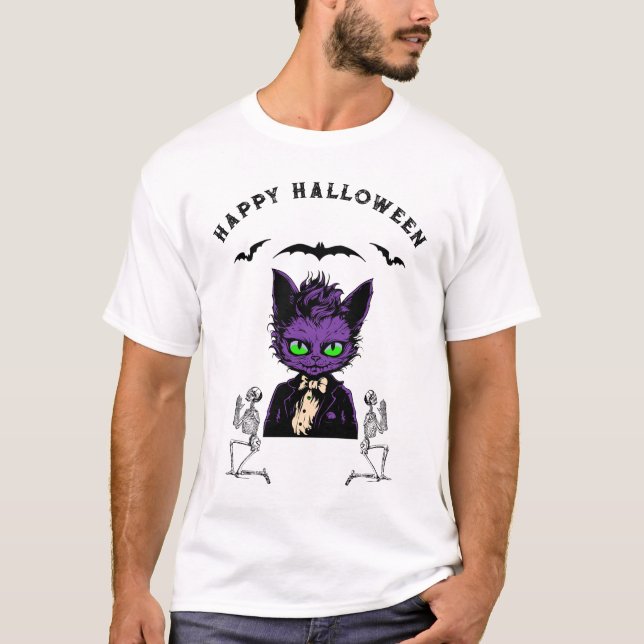 Purple Halloween Cat with Bats and Skeletons T-Shirt (Front)