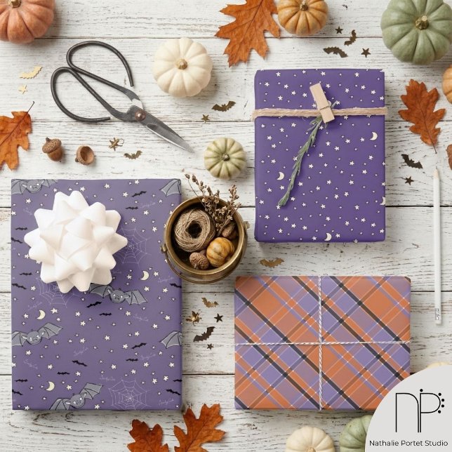 Purple Halloween Cute Bats Wrapping Paper sheets (Hand drawn purple Halloween gift wrap with cute bats and stars for a spooky holiday surprise)