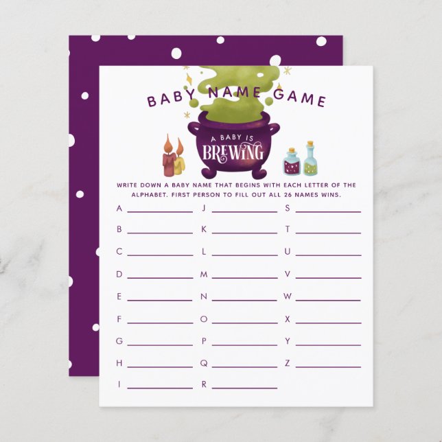 Purple Halloween Girl Baby Name Shower Game (Front/Back)