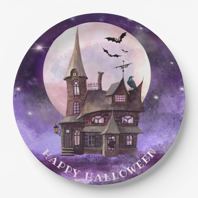 Purple Halloween Haunted House Bats Full Moon Paper Plate (Front)