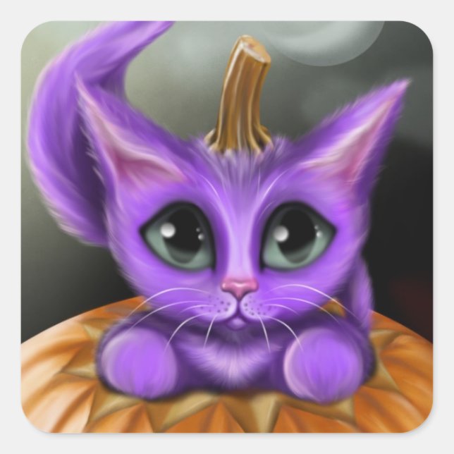 Purple Halloween Kitty Square Sticker (Front)