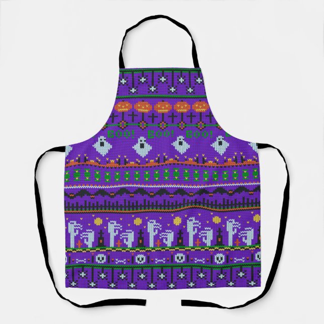 Purple Halloween knitting pattern fun horror stuff Apron (Front)