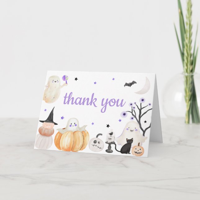 Purple Halloween Little Boo Baby Shower Thank You Card (Front)