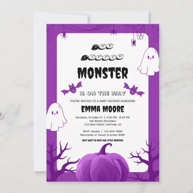 Purple Halloween Monster Baby Shower Design Invitation (Front)