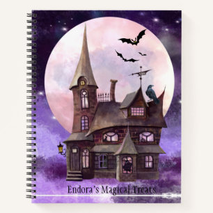 Purple Halloween Old House Bats Full Moon Recipe Notebook