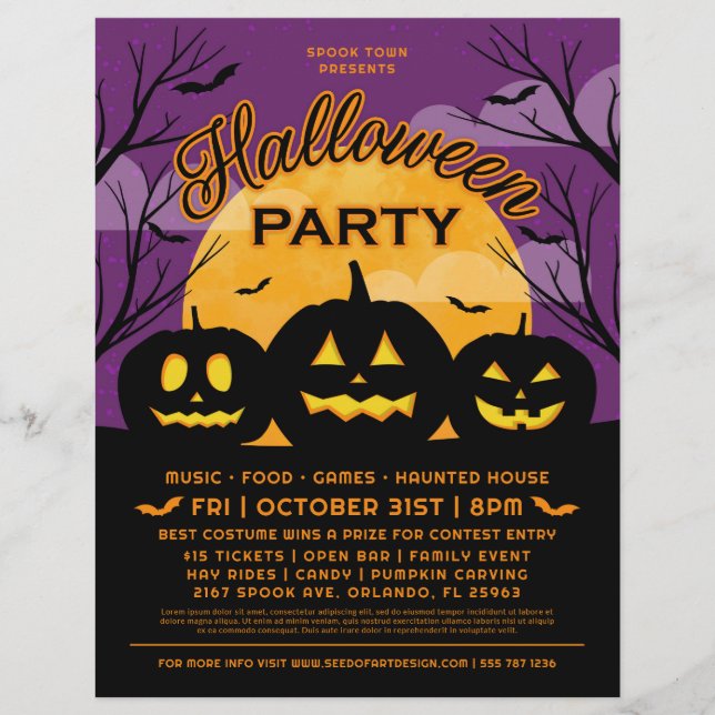 Purple Halloween Party Black Pumpkins Event Flyer (Front)