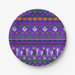Purple Halloween party decor, knitting pattern on Paper Plate