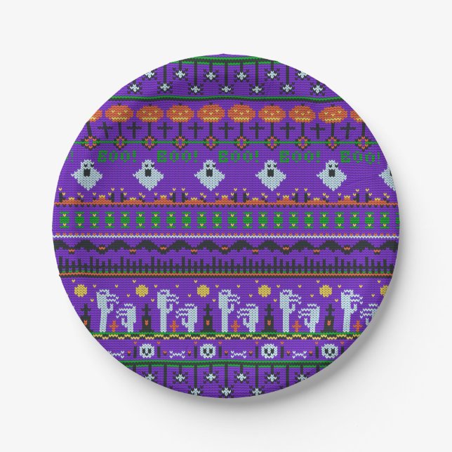 Purple Halloween party decor, knitting pattern on Paper Plate (Front)