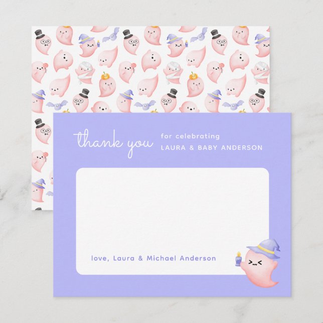 Purple Halloween Pink Ghost Baby Shower Thank You Card (Front/Back)