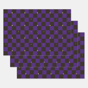 Purple Halloween Plaid Stars Gift Wrap Sheets