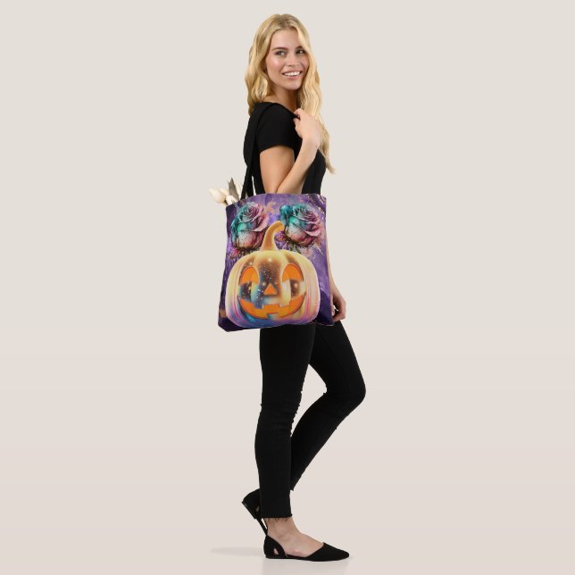Purple Halloween Pumpkin & Roses Tote Bag (On Model)