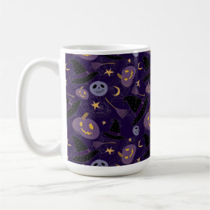 PURPLE HALLOWEEN PUMPKINS WITCHES HATS BROOMS COFFEE MUG
