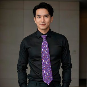 Purple Halloween Skull Bone Coffin Pattern Tie