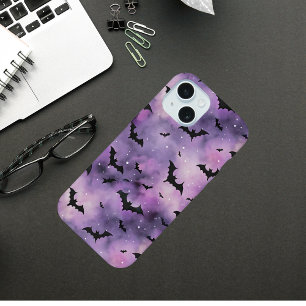 Purple Halloween Sky with Bats – Spooky Cute iPhone 15 Case