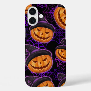 PURPLE HALLOWEEN SPIDER WEBS AND ORANGE PUMPKINS iPhone 16 PLUS CASE