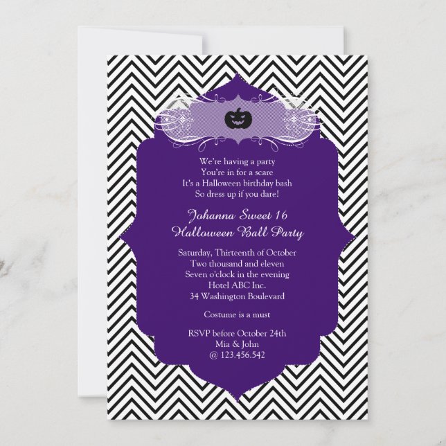 Purple Halloween Sweet 16 Ball Costume Party Invitation (Front)