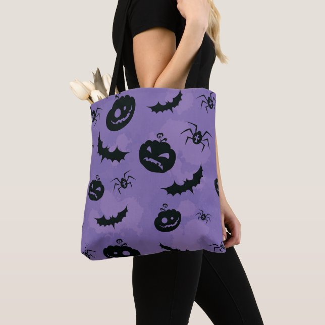 Purple Halloween Tote with creatures booo Bag (Close Up)