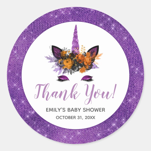Purple Halloween Unicorn Baby Shower Thank You Classic Round Sticker (Front)
