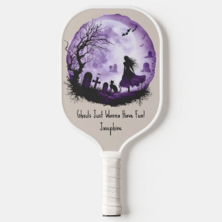 Purple Halloween Witch Black Cat Graveyard Bats  Pickleball Paddle