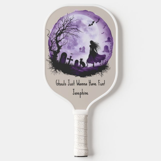 Purple Halloween Witch Black Cat Graveyard Bats  Pickleball Paddle (Front)