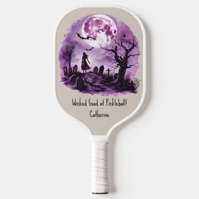 Purple Halloween Witch Black Cat Graveyard Moon  Pickleball Paddle (Front)