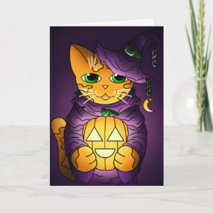 Purple Halloween Witch Cat Card