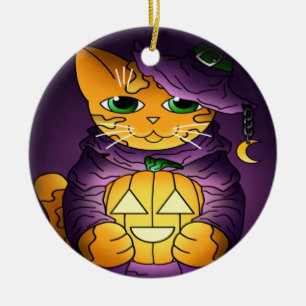 Purple Halloween Witch Cat Ceramic Tree Decoration