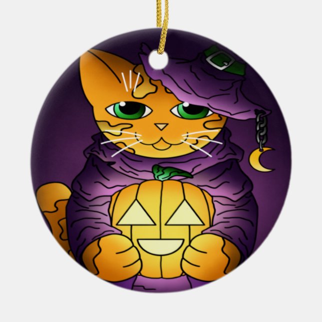 Purple Halloween Witch Cat Ceramic Tree Decoration (Front)