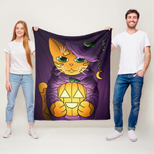 Purple Halloween Witch Cat Fleece Blanket