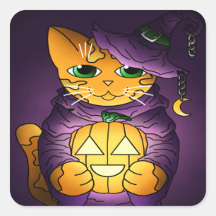 Purple Halloween Witch Cat Square Sticker