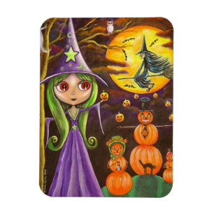 Purple Halloween Witch Juggling Pumpkins Big Eyes Magnet