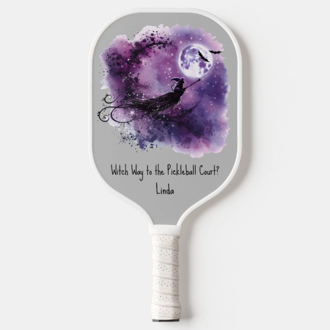 Purple Halloween Witch on a Broom Bats Full Moon  Pickleball Paddle (Front)