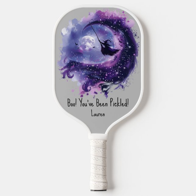 Purple Halloween Witch on a Broom Bats Full Moon  Pickleball Paddle (Front)