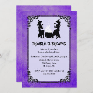 Purple Halloween Witch Trouble Is Brewing Party Invitation